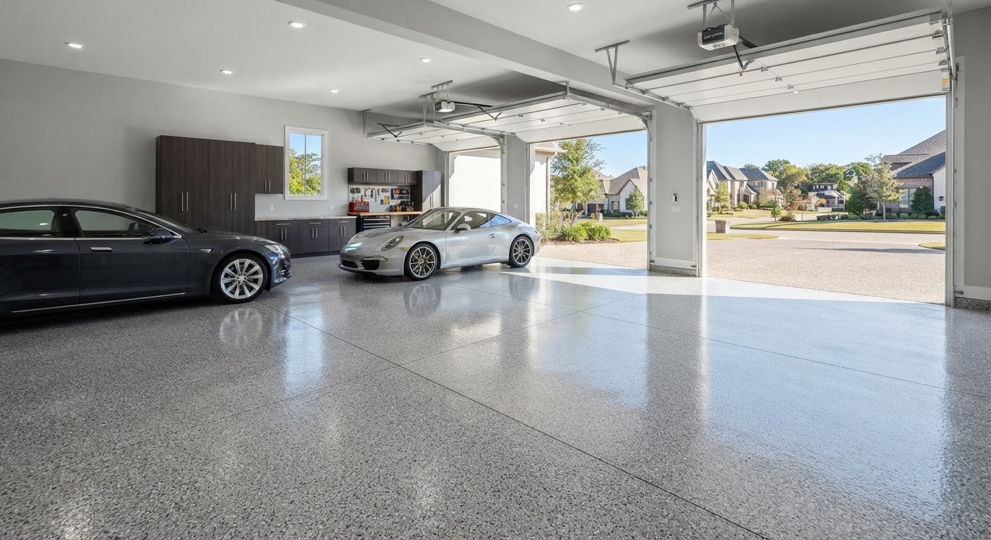 Bright three-car garage with a seamless gray floor coating