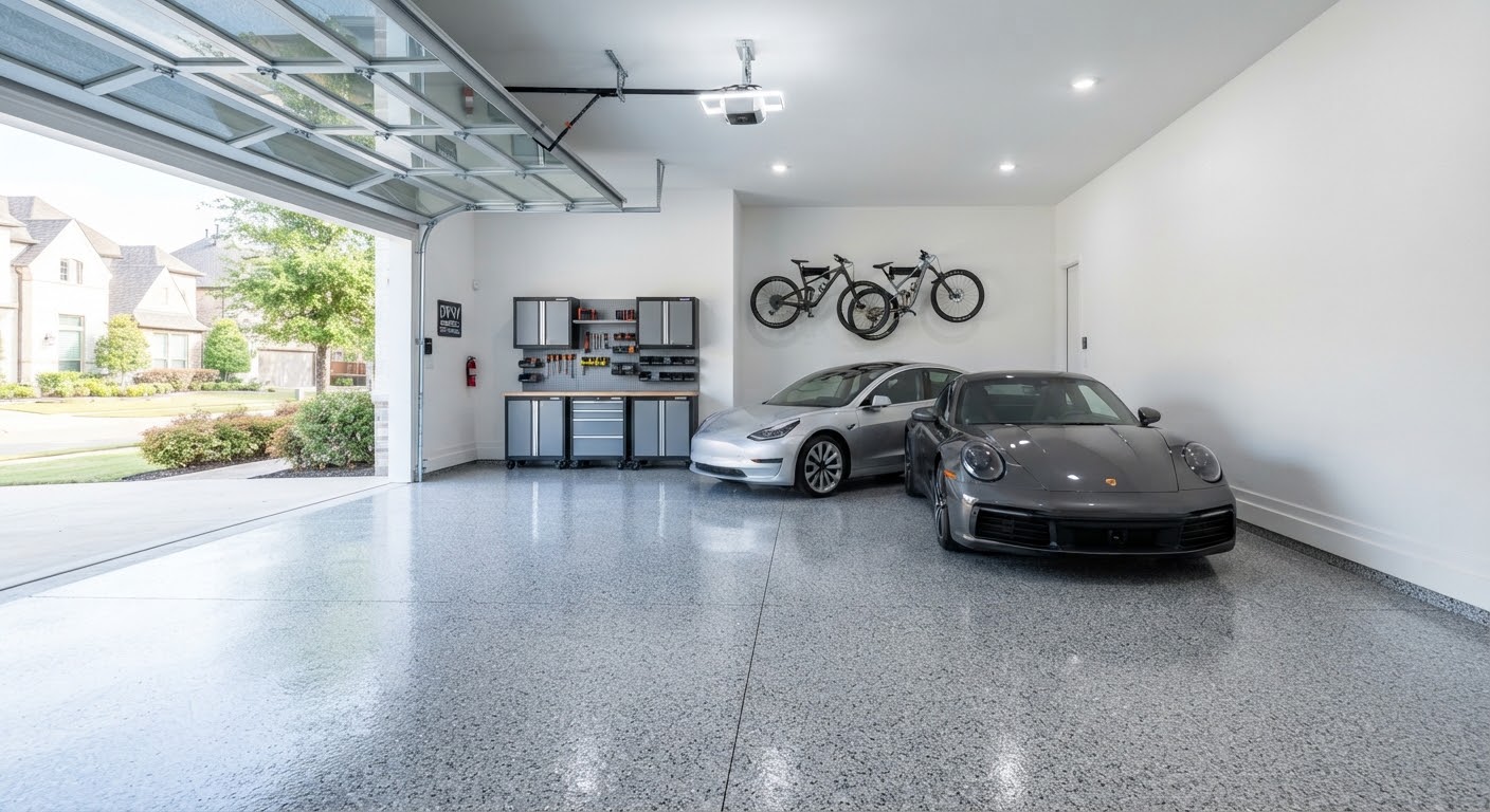 Detailed view across a finished gray garage floor