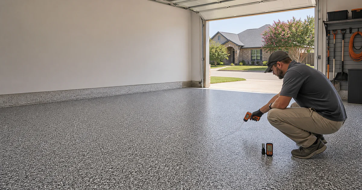 A coating professional measures the temperature of a decorative flake garage floor on a hot DFW summer day