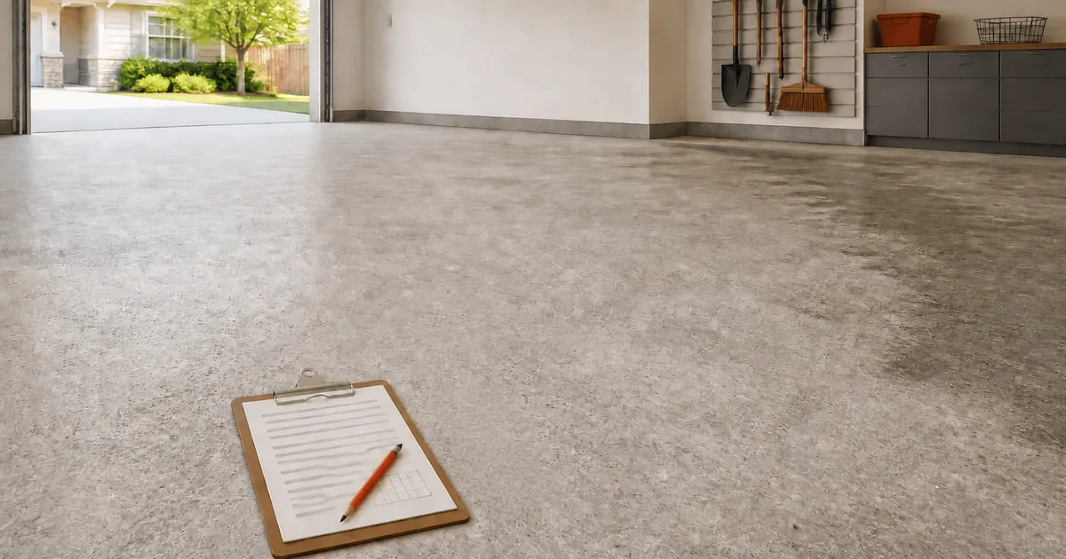 Illustration of a clipboard and pencil on an uncoated garage floor with a darker patch near the wall